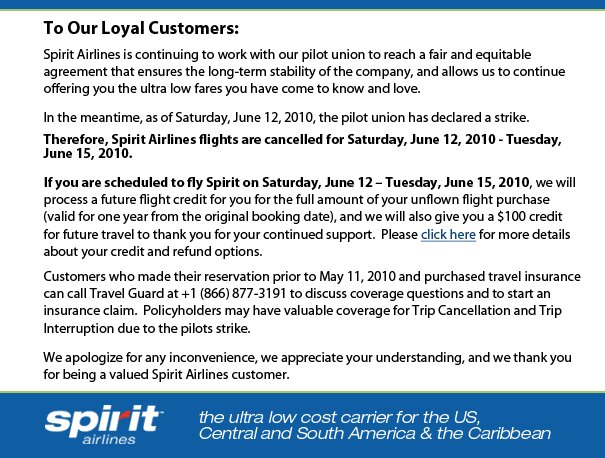 Spirit Airlines Cancellation Announcement